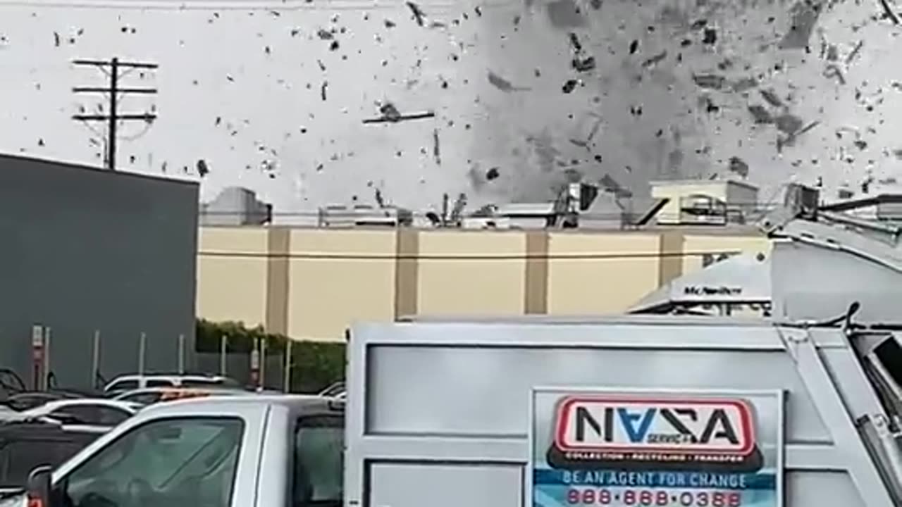 Tornado hits Montebello CA tearing the roof off multiple buildings and destroying multiple cars