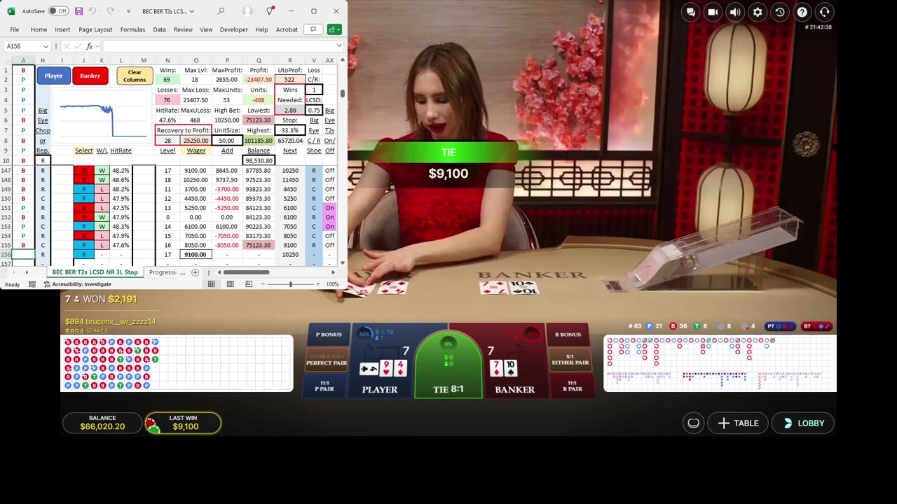 Live Baccarat - 53 units, 75 minutes, 48.6% hit rate, 468 unit drawdown. Is 2000 unit BR too small?