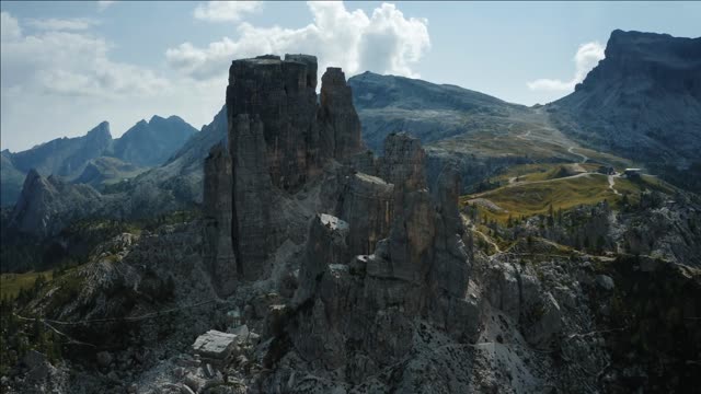 aerial drone view of dolomites cinque torri cortina dampezzo