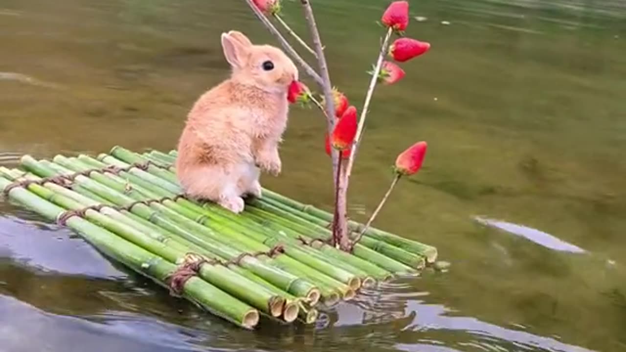 Cutest Rabbit eating strawberries 🤤 on the water 💦