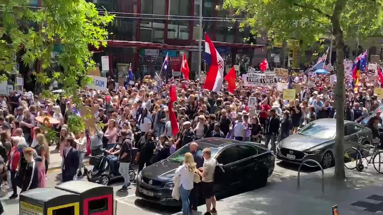 Melbourne, Australia: Thousands of people march though the city in protest of covid vaccine mandates