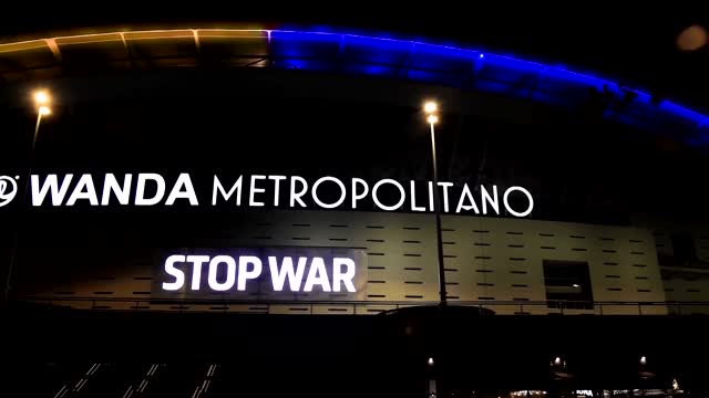 Atletico Madrid's stadium lights up in Ukrainian flag