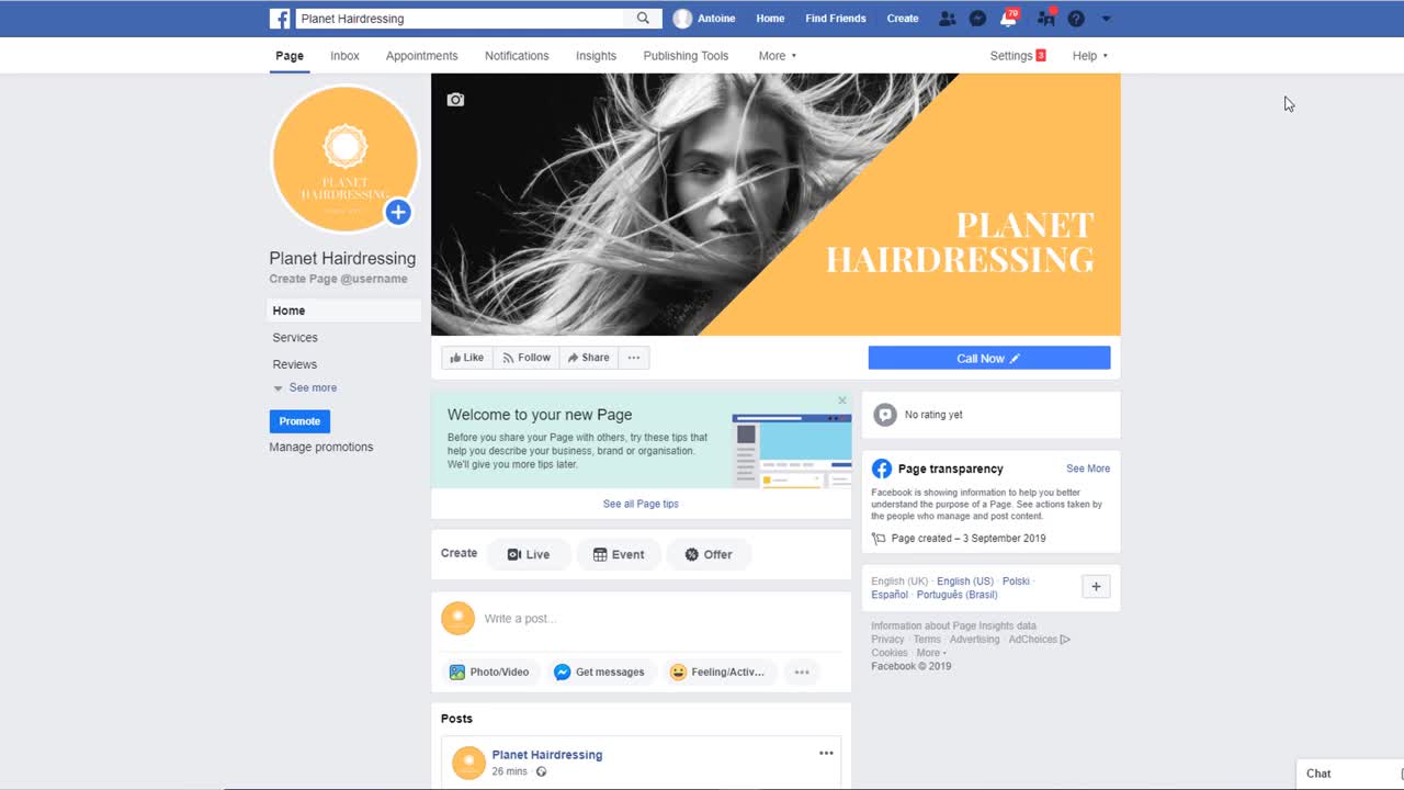 Facebook Business Page set up.