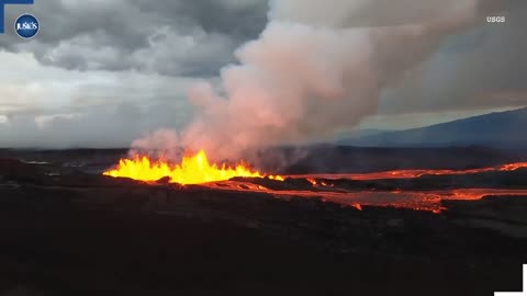 Spectacular View of Mauna Loa volcano Eruption as the lava spills towards Hawaii highway