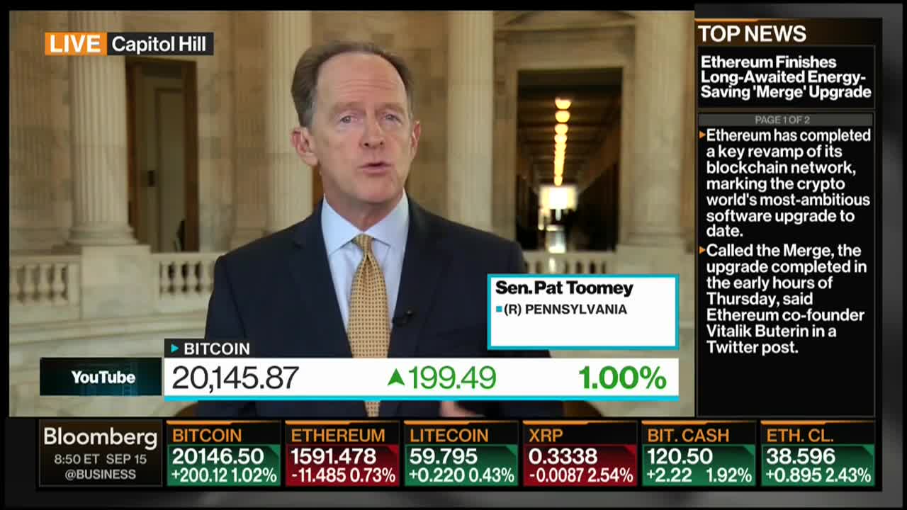 Senator Pat Toomey Talks Crypto Regulation, Inflation on Bloomberg Surveillance