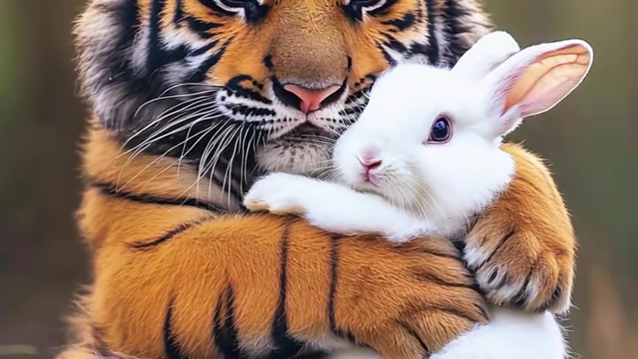 love between tiger cub and rabbit