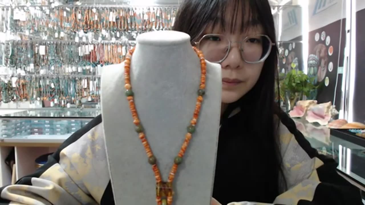 20240313-02 Beautiful blue Natural turquoise and orange spiny oyster roundle beads necklace
