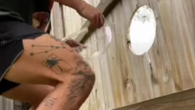 Guy puts window in fence for pup to see through