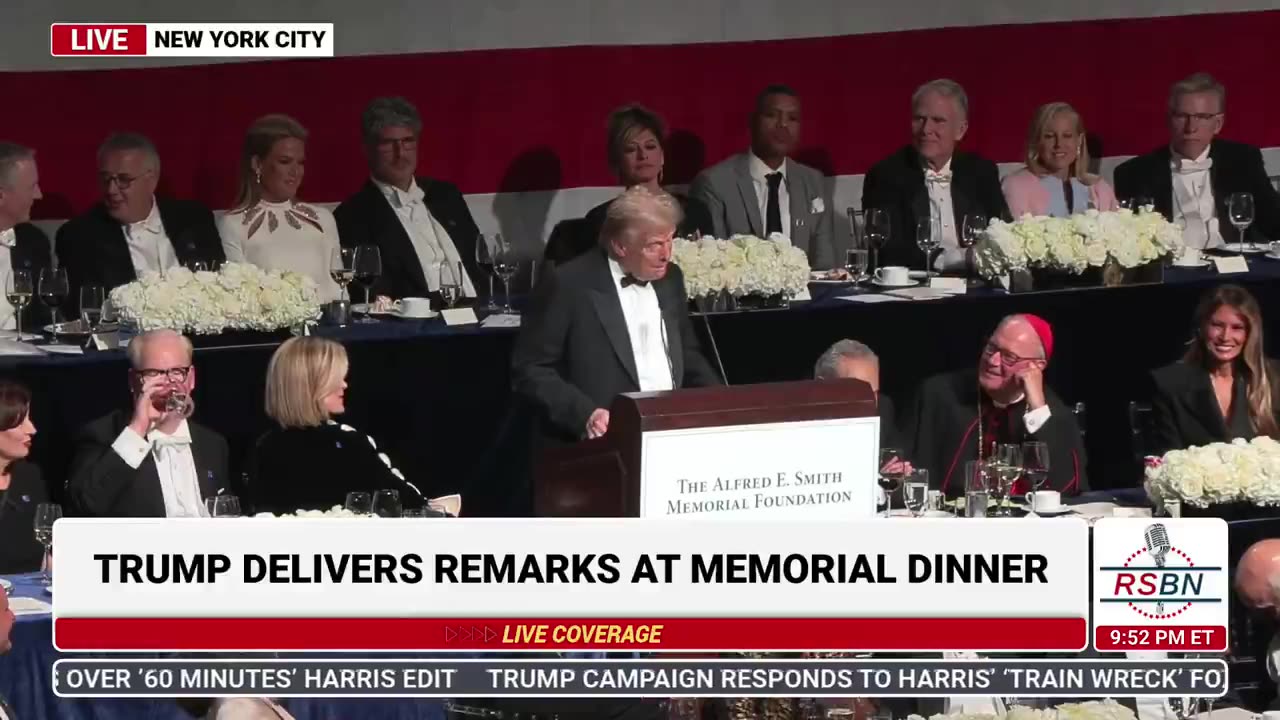 President Donald Trump at the Al Smith Charity dinner, on White Dudes for Harris.