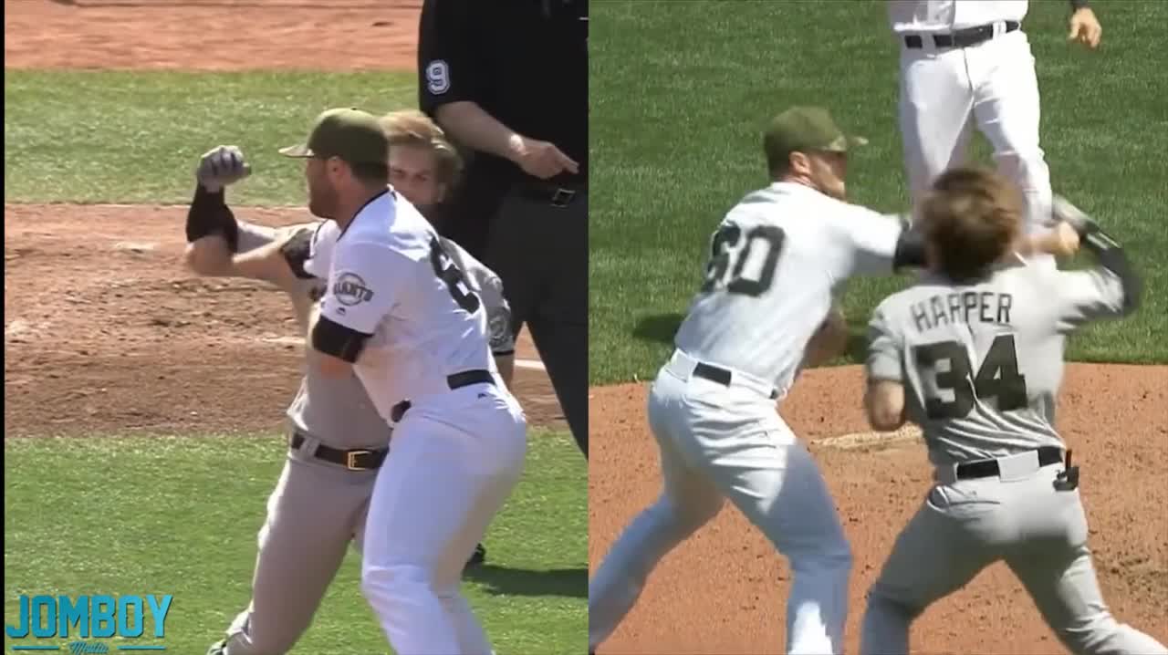 Bryce Harper and Hunter Strickland throw punches at each other, a breakdown