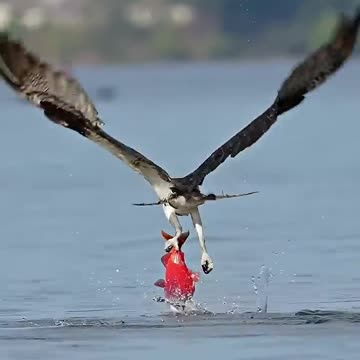 An Osprey works hard to pull a Kokanee out of the lake
