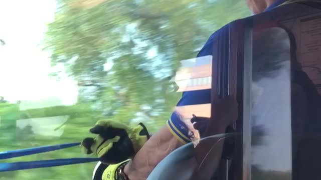 Train conductor driver working out blue resistance band