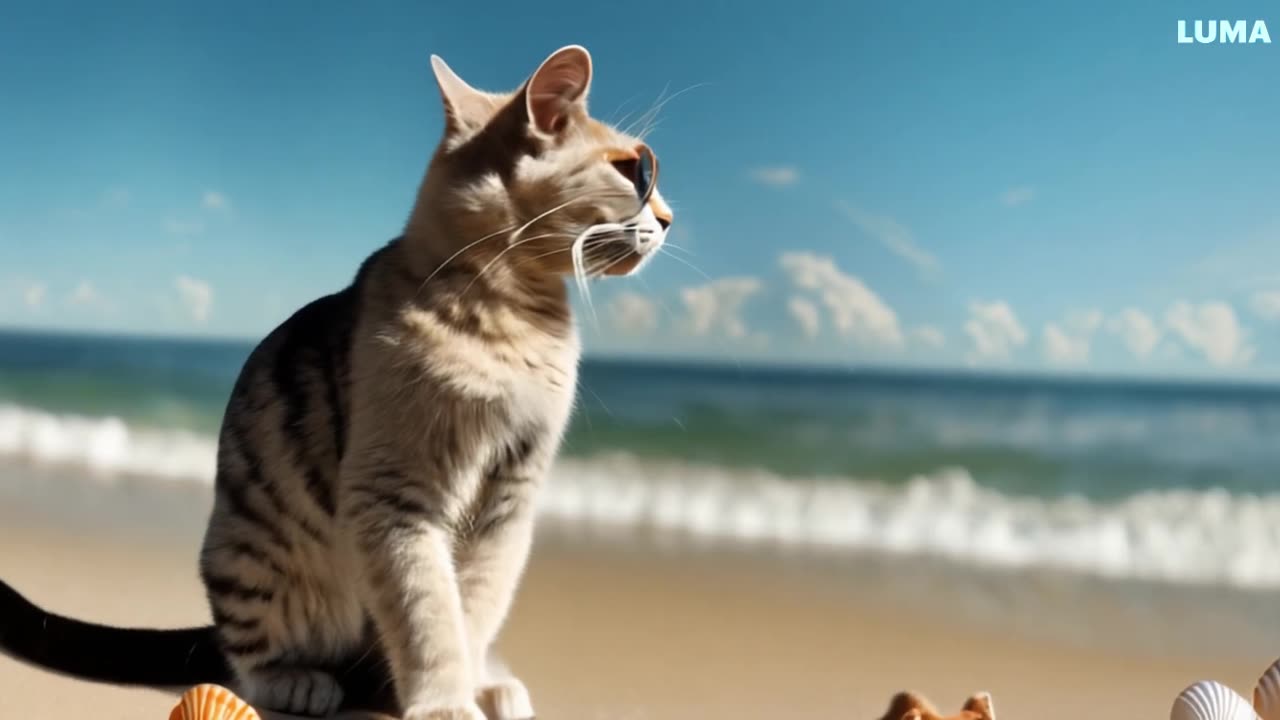 cat with sunglaces at the beach