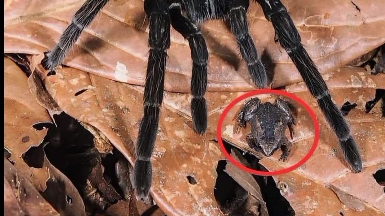 Giant tarantula spider raising a frog