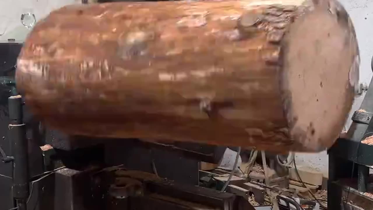 Wood turning a log into a textured vase.