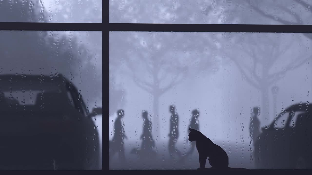 Cat by a window while it rains outside