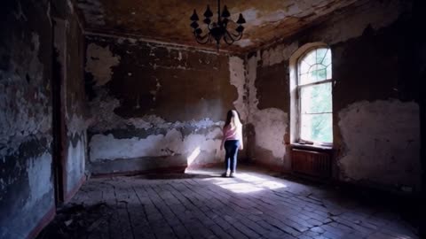 A frightened girl walks slowly inside an abandoned house