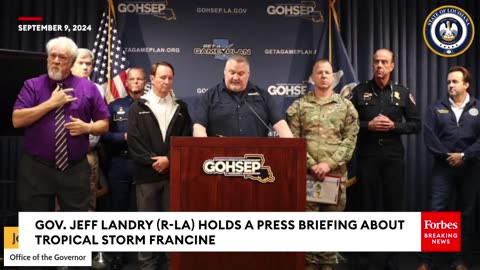 Louisiana Gov. Jeff Landry Holds A Press Briefing About Tropical Storm Francine Preparations