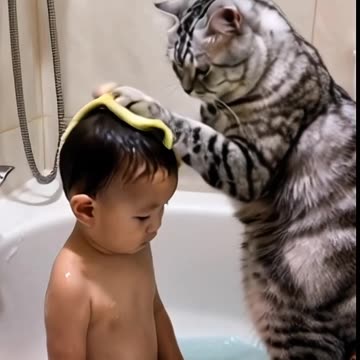 Funny cat bathing Dad