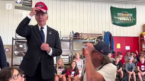 Joe Biden wears Donald Trump hat in Pennsylvania