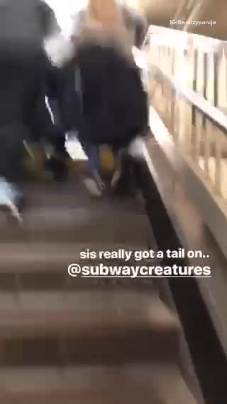 Girl runs up subway stairs with tail on