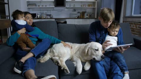 Multinational parents and adorable toddler boys sitting on couch