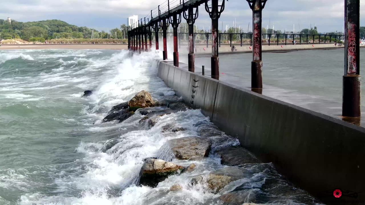 Massive Waves Slam Into Michigan City Lighthouse 4K Drone Footage