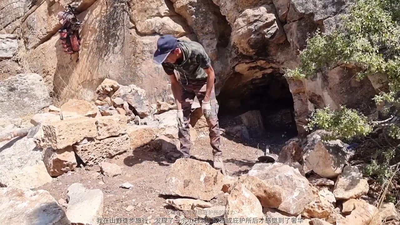 I was hiking in the mountains and found a small cave that I transformed into a shelter