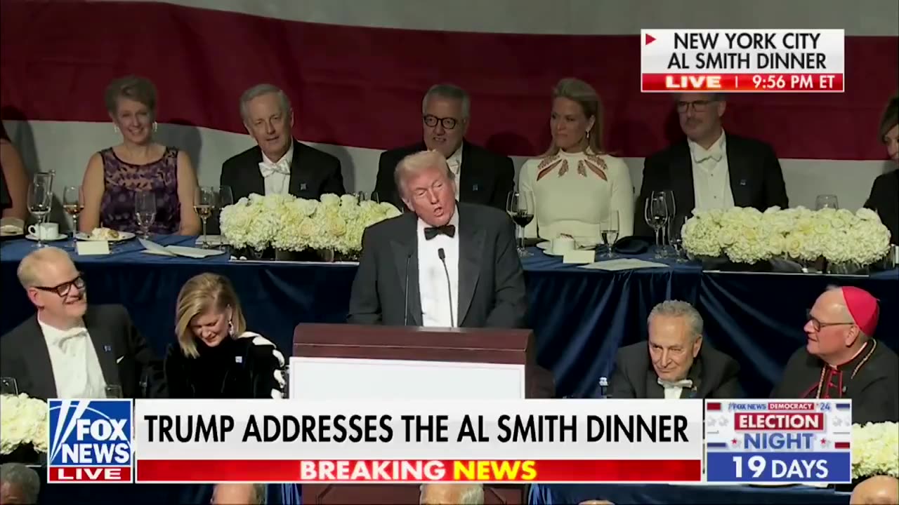 President Donald Trump roasts Tim Walz at Al Smith Charity dinner. Says he has periods.