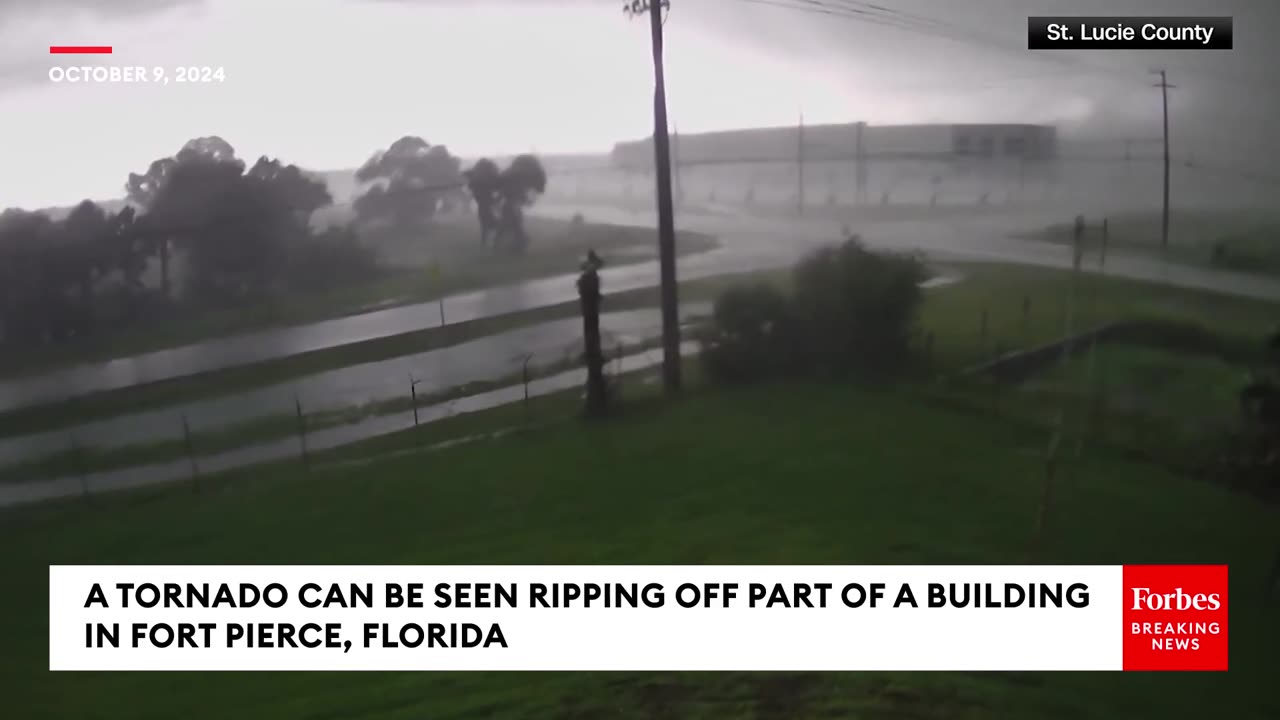 A Tornado Can Be Seen Ripping Off Part Of A Building In Florida - Hurricane Milton