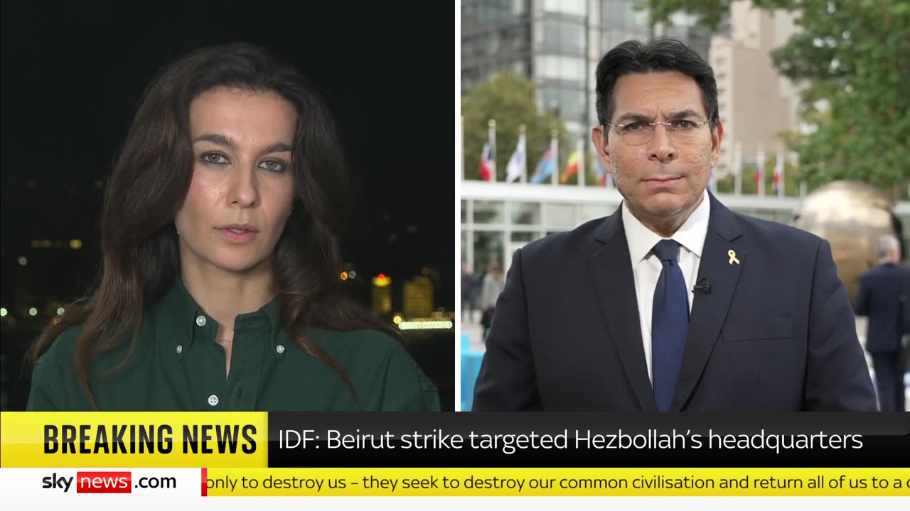 Israel's ambassador to the UN speaks to Sky's Yalda Hakim after Hezbollah HQ strike