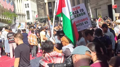 "FLOOD New York City FOR PALESTINE" at the New York Stock Exchange. 1of2