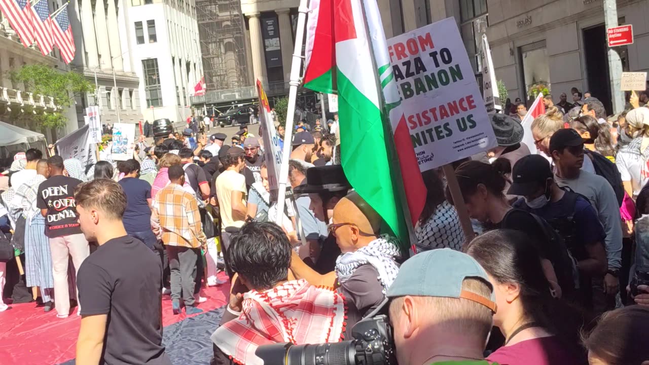 "FLOOD New York City FOR PALESTINE" at the New York Stock Exchange. 1of2