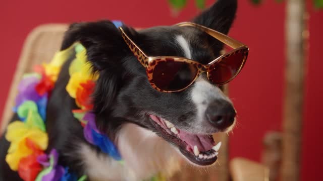 It is a stylish and cute single pet dog, wearing sunglasses and shirt