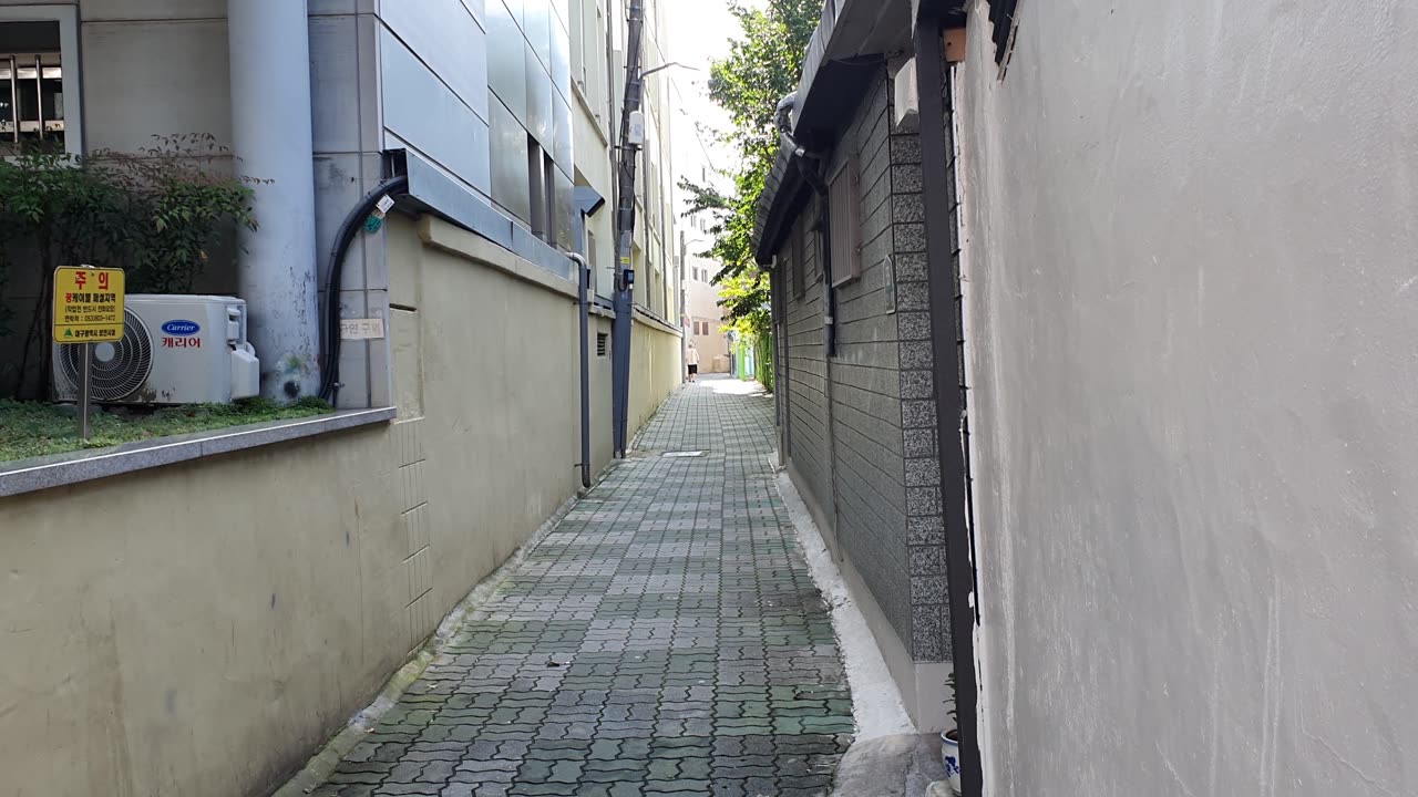 a narrow alley in a residential area