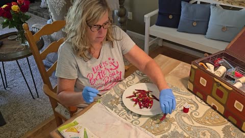 Summer Harvest Stringing Cayenne Peppers for Preservation (August 19, 2024)