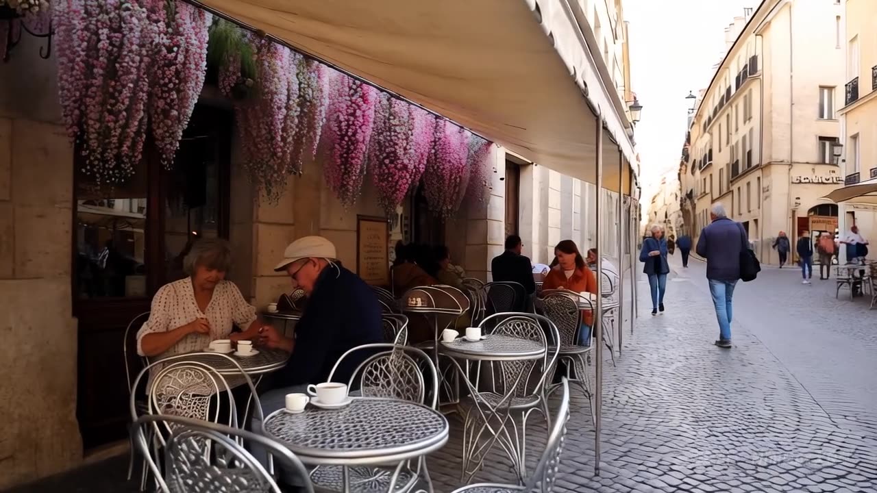 A view of a charming bistro in Lyon, France, bathed in warm, golden sunlight