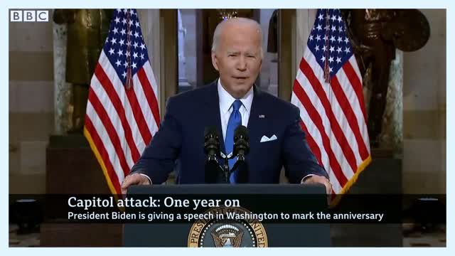 Biden attacks Trump's 'web of lies' one year after Capitol riot