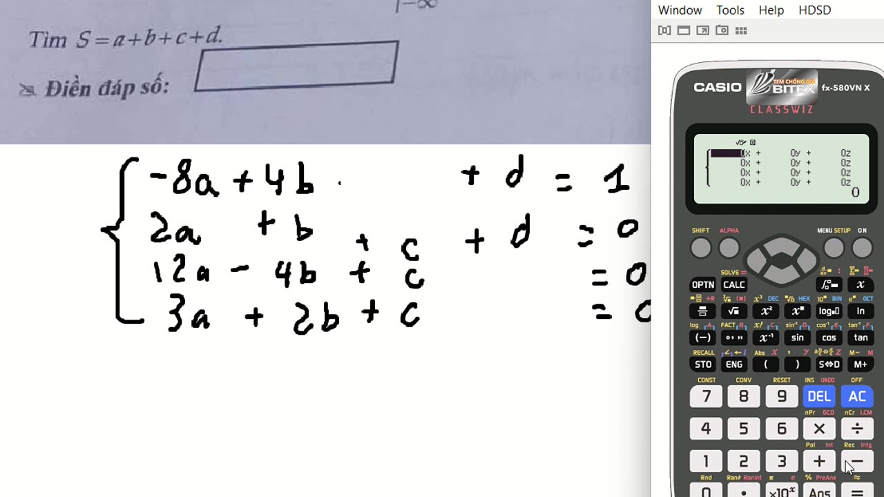 Toán lớp 12: CASIO: Cho hàm số y=ax^3 +bx^2 +cx+d có bảng biến thiên như sau. Tìm S=a+b+c+d