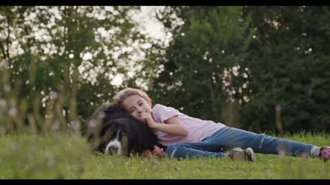 Happy Cute Little Girl Female Child Hugging Dog Pet