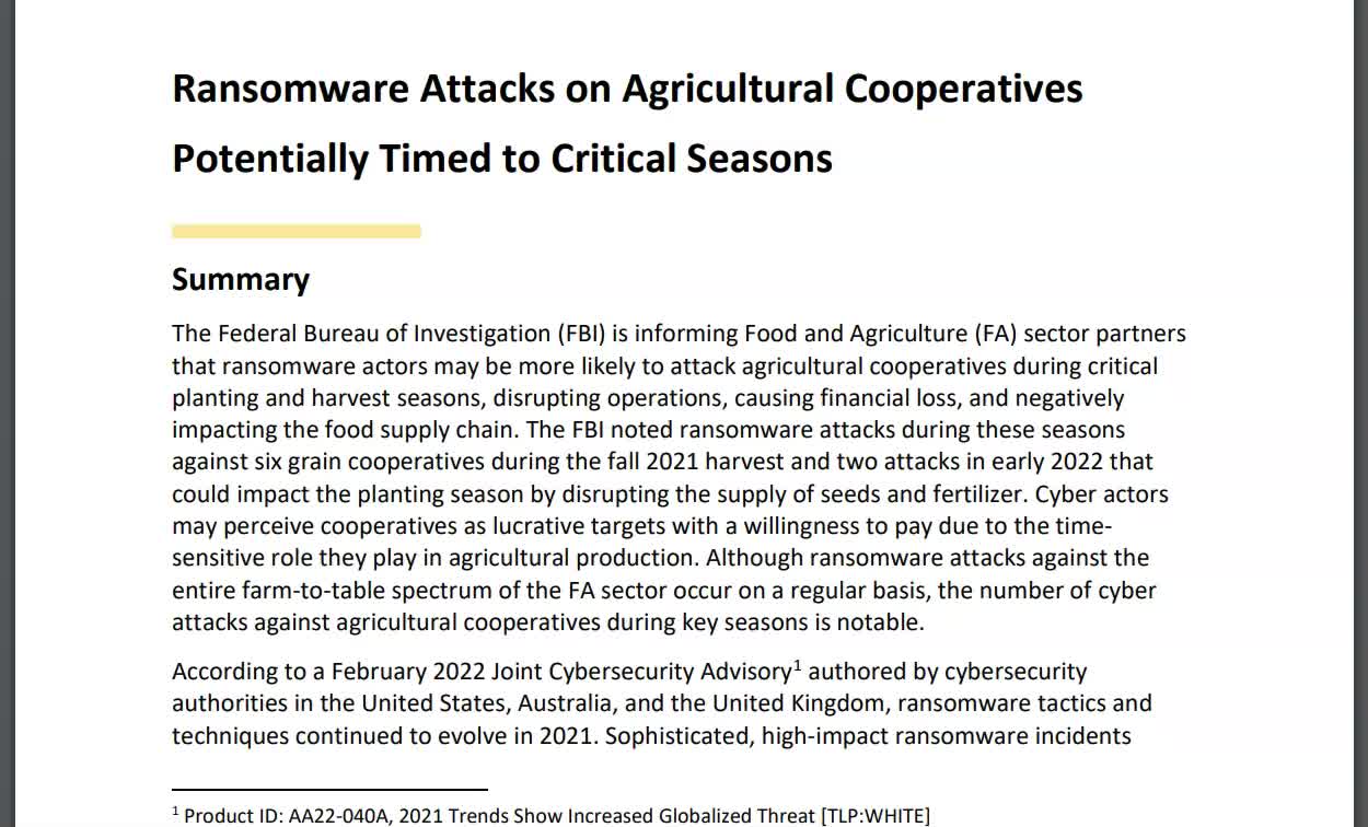 FBI Warns of Ransomware Attacks on Agricultural Cooperatives Potentially Timed to Critical Seasons