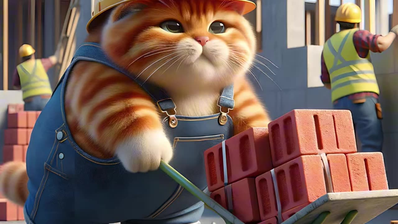 Cute cat goes to work moving bricks