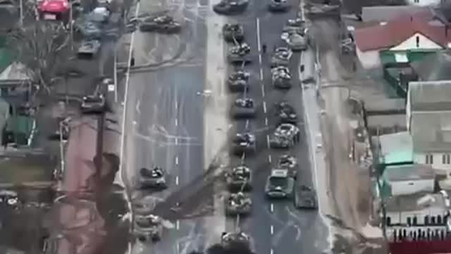 column of Russian tanks and attacked and destroyed by Ukrainians