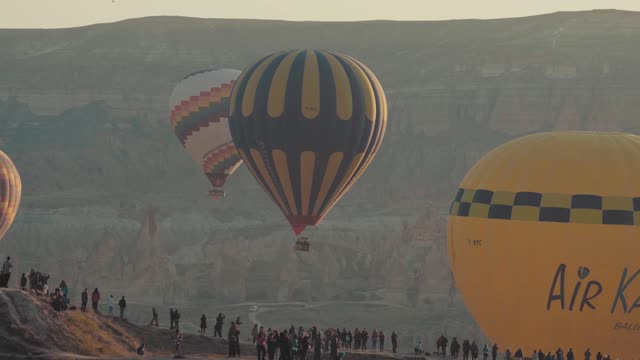 people watching hot air balloons in the sky