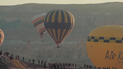 people watching hot air balloons in the sky