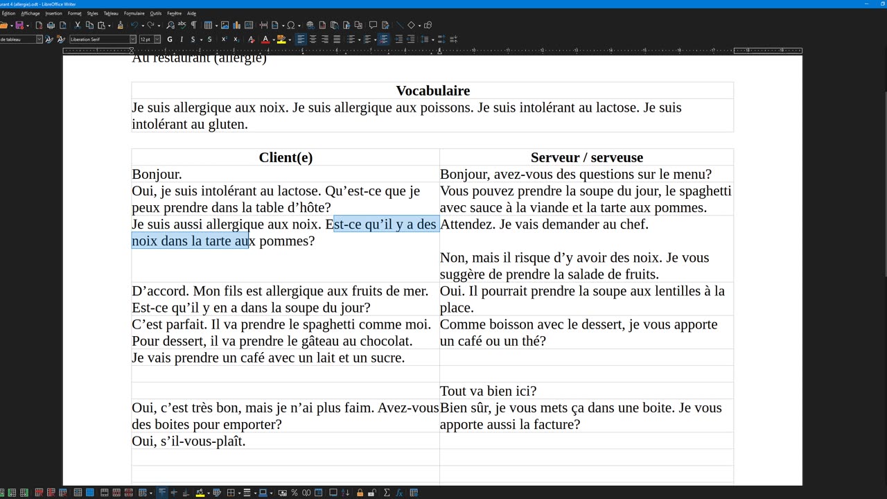 Dialogue 5 allergie alimentaire, food allergy