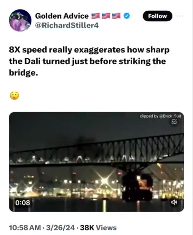 🌉 Ship collides with Francis Scott Key Bridge Baltimore @ 8X SPEED SHOWS SHARP TURN TOWARDS BRIDGE