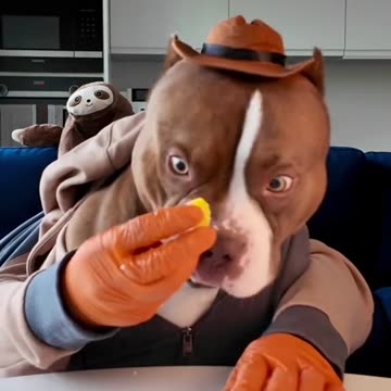 Pitbull eats like a gentleman at the dinner table