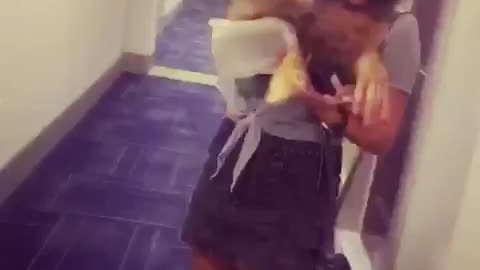 Nsfw black skirt girl drops pizza in hallway, picks it up and eats it