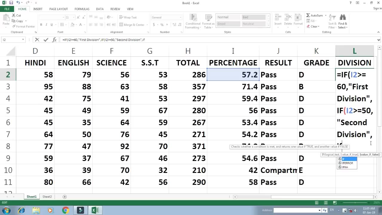 Mark sheet of Ms Excel